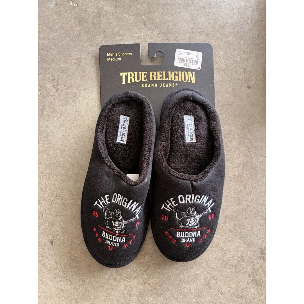 True Religion Men's Low Back Slippers M Black w/ Buddha Logo FREE SHIPPING!